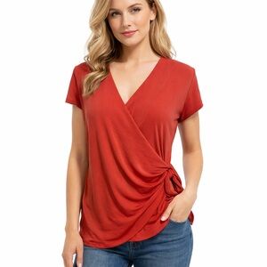 Tahari Wrap Top Knot Front Short Sleeve Blouse Medium Deep Coral Red